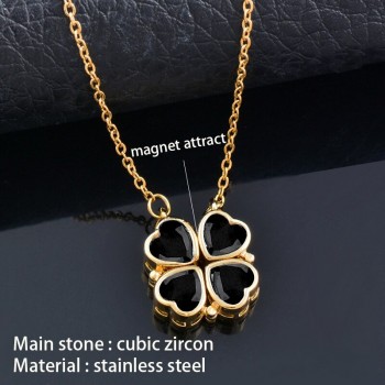  4 Crystal Heart Flower Pendant Stainless Steel Necklace Gold Silver Color Chain